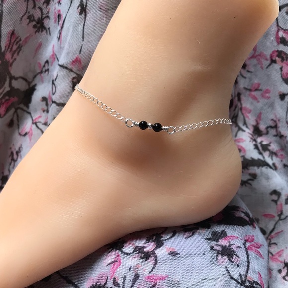 Onyx Sterling Silver Ankle Bracelet- Dainty 2 Bead Onyx Anklet- Onyx Anklet - Picture 3 of 4